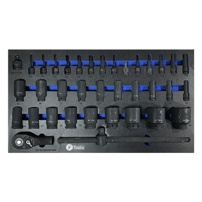 Heavy duty 3/4 inch drive black impact sockets from 24 to 41 mm and high torque 1/2 inch HEX and Torx impact bit sockets with a sliding T-bar.