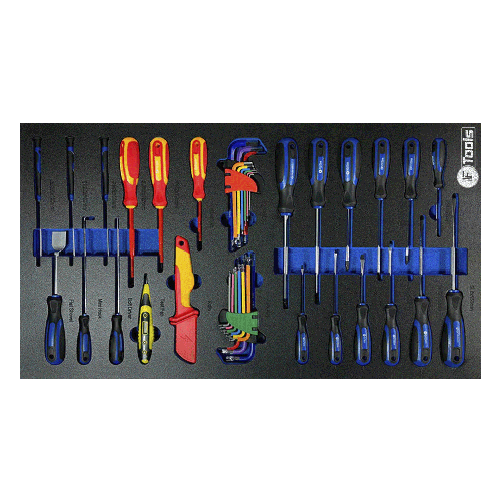 Full set of FTools SL and PH screwdrivers alongside multi color HEX L-keys a utility knife an electrical tester and specialty hook tools.