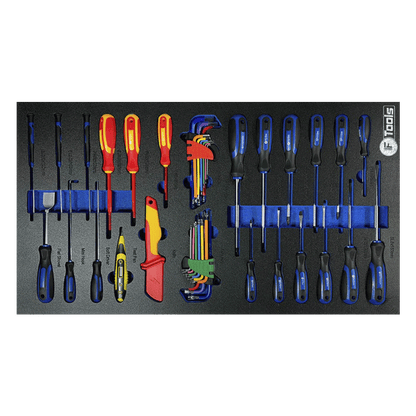 Full set of FTools SL and PH screwdrivers alongside multi color HEX L-keys a utility knife an electrical tester and specialty hook tools.