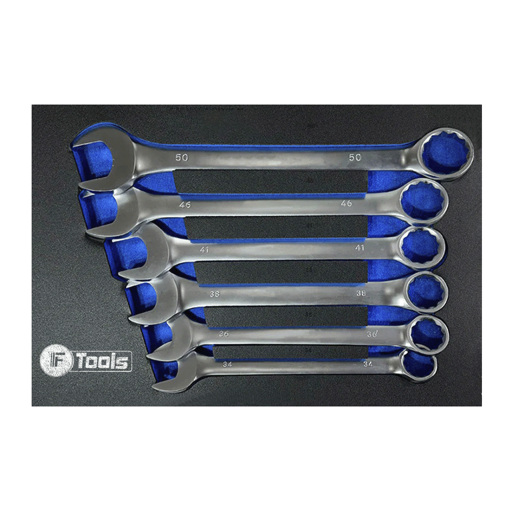 Six massive industrial-grade FTools XXL combination wrenches in sizes 34 36 38 41 46 and 50 mm inside a foam slot.