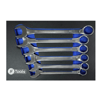 Six massive industrial-grade FTools XXL combination wrenches in sizes 34 36 38 41 46 and 50 mm inside a foam slot.
