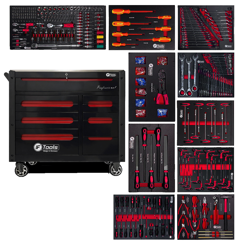 Black FTools 12/10 PRO industrial tool cabinet with 12 drawers shown with ten equipped EVA foam tool inserts containing wrenches sockets screwdrivers and pliers.