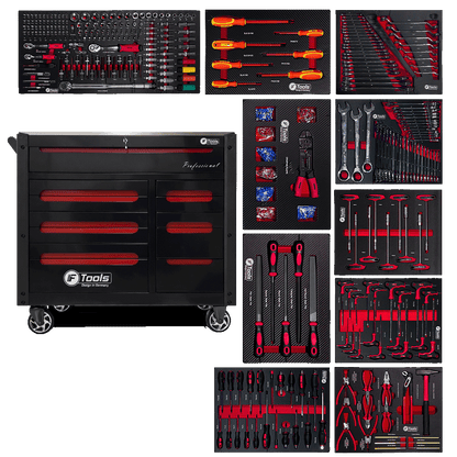 Black FTools 12/10 PRO industrial tool cabinet with 12 drawers shown with ten equipped EVA foam tool inserts containing wrenches sockets screwdrivers and pliers.