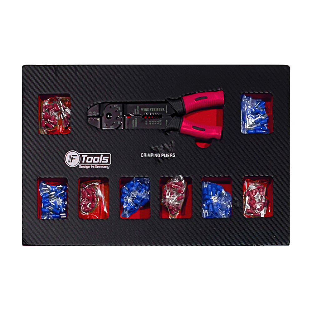 FTools electrical finishing workstation drawer with a professional cable crimping tool wire stripper and a set of insulated cable terminals.
