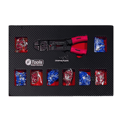 FTools electrical finishing workstation drawer with a professional cable crimping tool wire stripper and a set of insulated cable terminals.