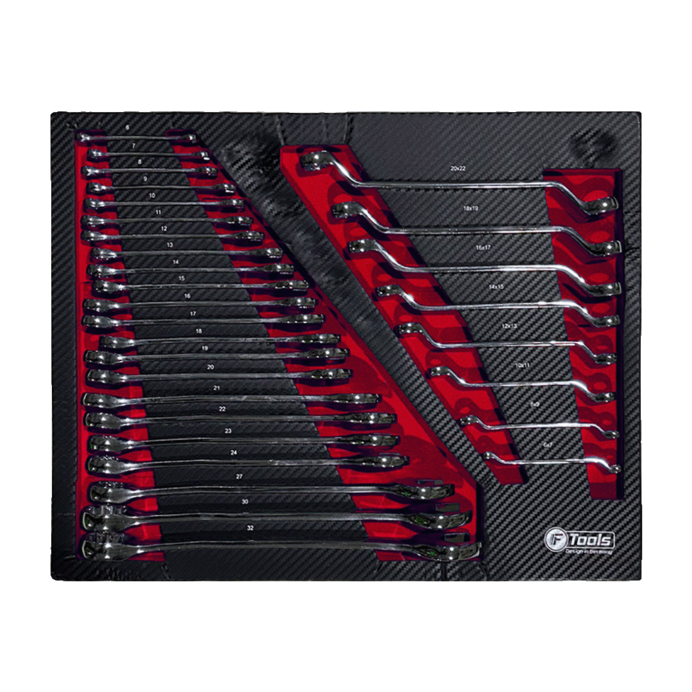 Complete size range of FTools combination wrenches from 6 to 32 mm and offset ring wrenches arranged in a red and black EVA foam drawer tray.