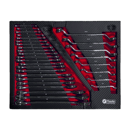 Complete size range of FTools combination wrenches from 6 to 32 mm and offset ring wrenches arranged in a red and black EVA foam drawer tray.
