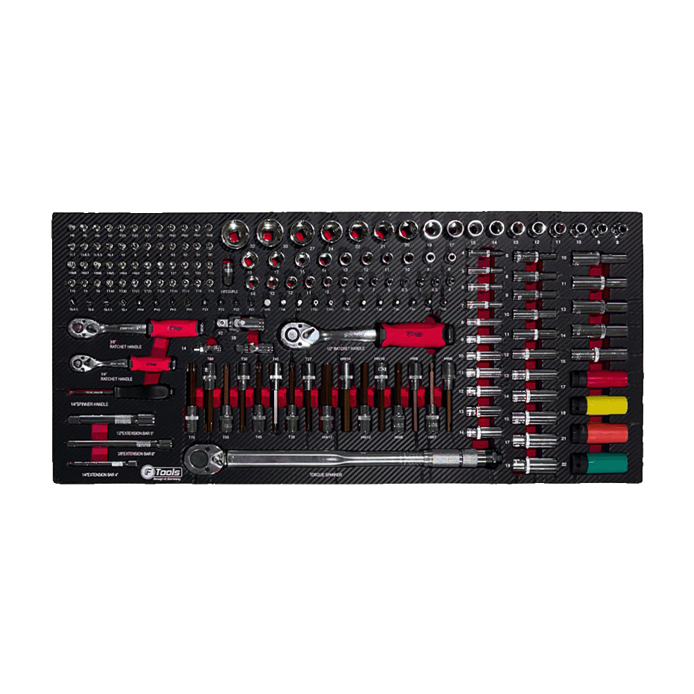 Comprehensive FTools metric socket set with three fine-tooth ratchets extension bars color-coded wheel impact sockets and a 1/2 inch drive torque wrench.