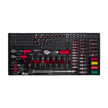 Comprehensive FTools metric socket set with three fine-tooth ratchets extension bars color-coded wheel impact sockets and a 1/2 inch drive torque wrench.