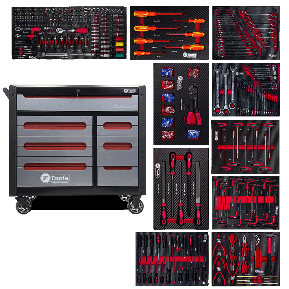 Grey and black FTools 12/10 PRO professional workshop tool cabinet with a stainless steel worktop and ten fully equipped tool trays.