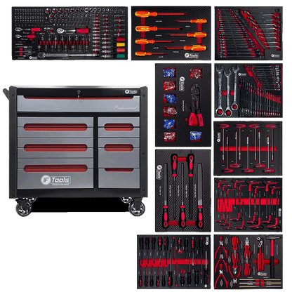 Grey and black FTools 12/10 PRO professional workshop tool cabinet with a stainless steel worktop and ten fully equipped tool trays.
