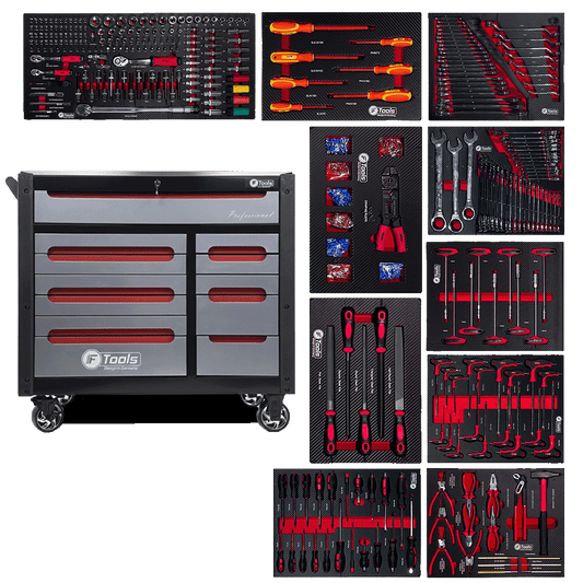 Grey and black FTools 12/10 PRO professional workshop tool cabinet with a stainless steel worktop and ten fully equipped tool trays.