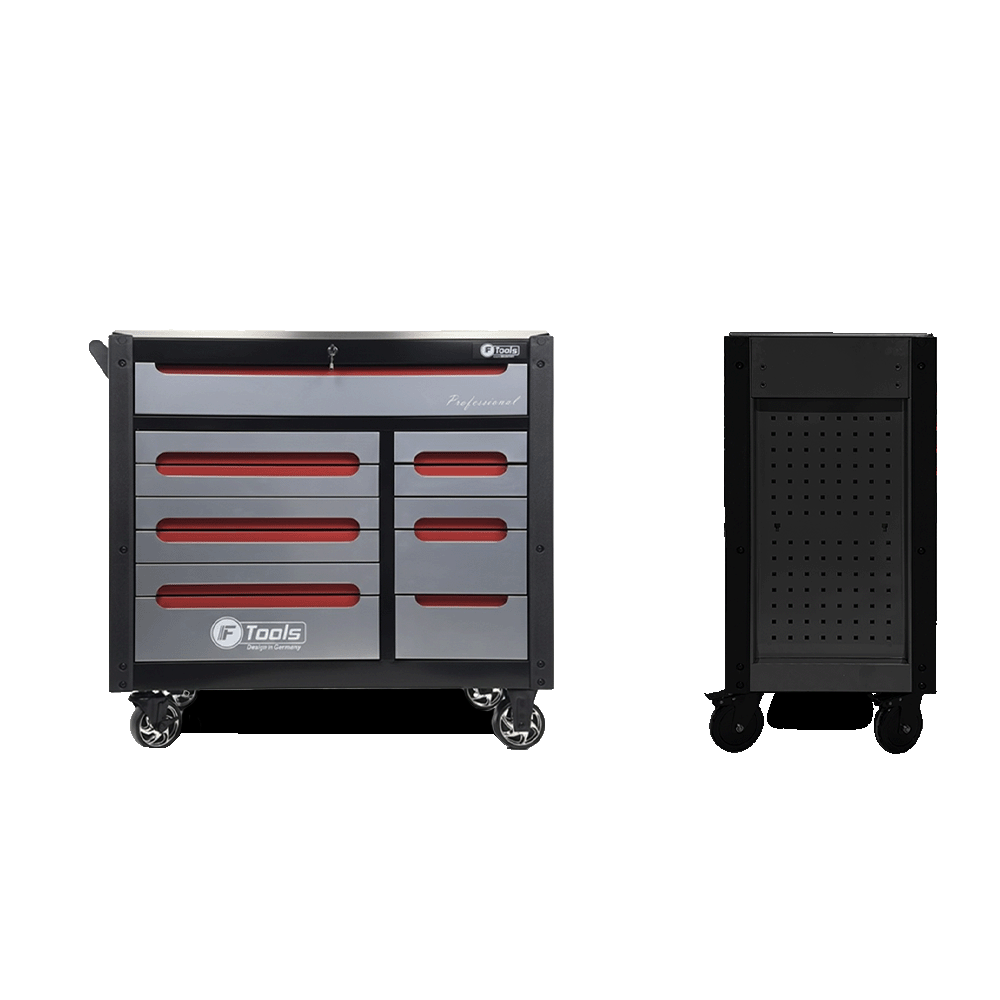 Front and side views of the grey and black FTools 12/10 PRO tool cabinet highlighting the rolling wheels and side panel structure.