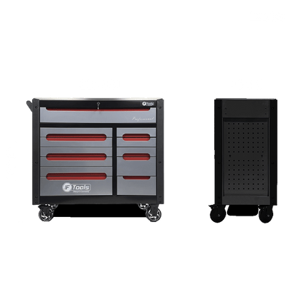 Front and side views of the grey and black FTools 12/10 PRO tool cabinet highlighting the rolling wheels and side panel structure.