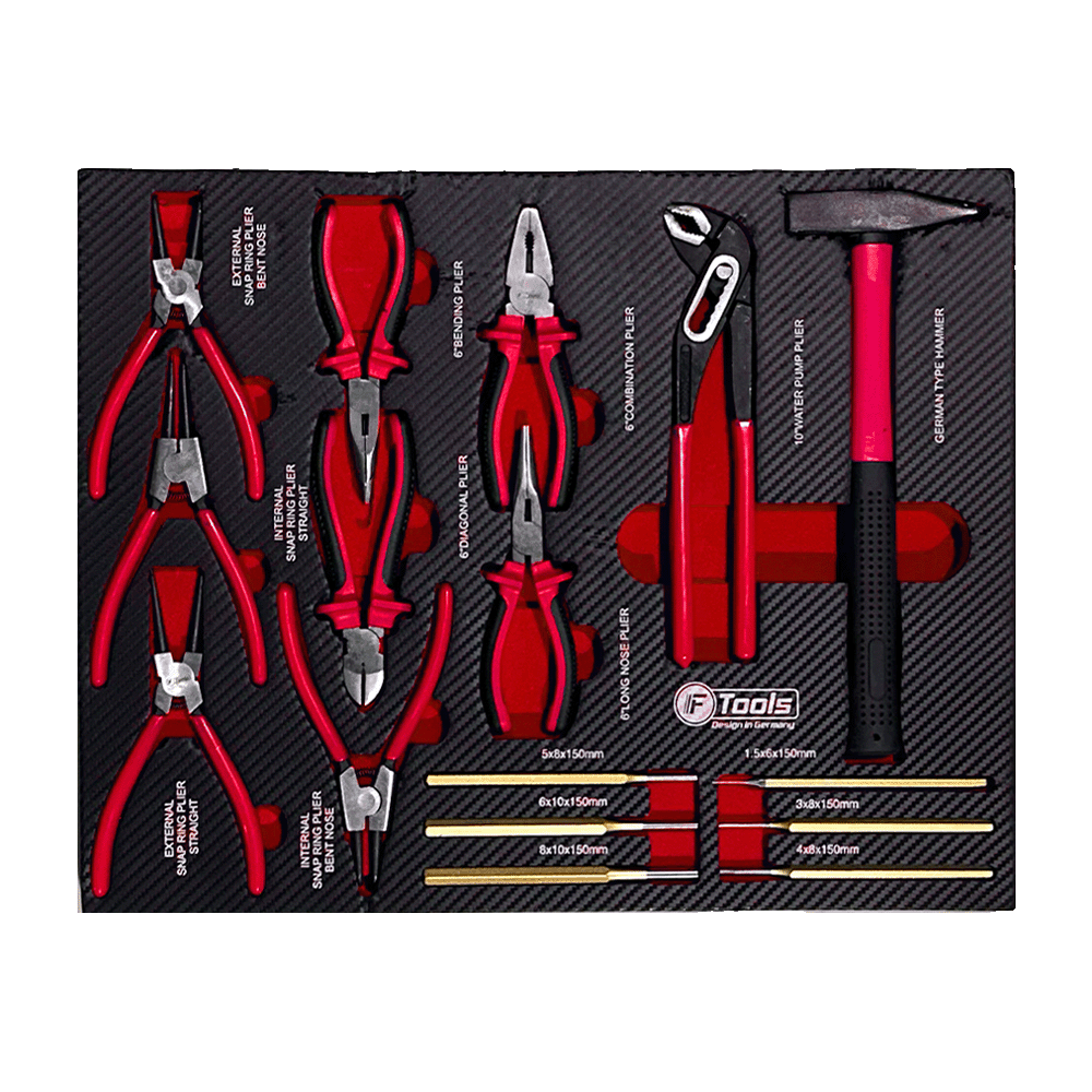 Electrician and mechanic tray containing FTools circlip pliers combination pliers side cutters water pump plier punches and a mechanic hammer.