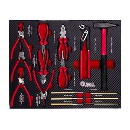 Electrician and mechanic tray containing FTools circlip pliers combination pliers side cutters water pump plier punches and a mechanic hammer.