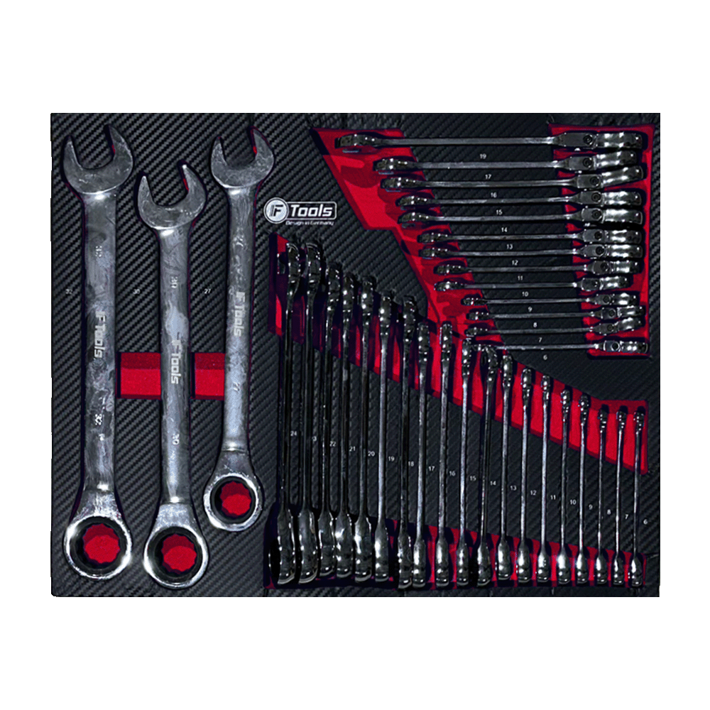 FTools tool drawer containing standard ratchet combination wrenches and flexible joint ratchet wrenches organized in size-marked foam slots.