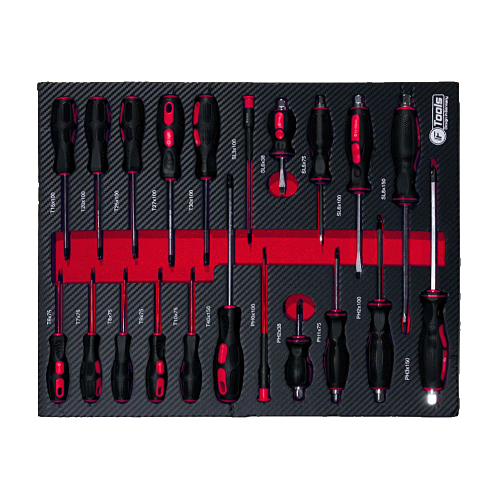 A complete set of FTools professional SL PH and Torx workshop screwdrivers with black and red handles inside a foam organizer.