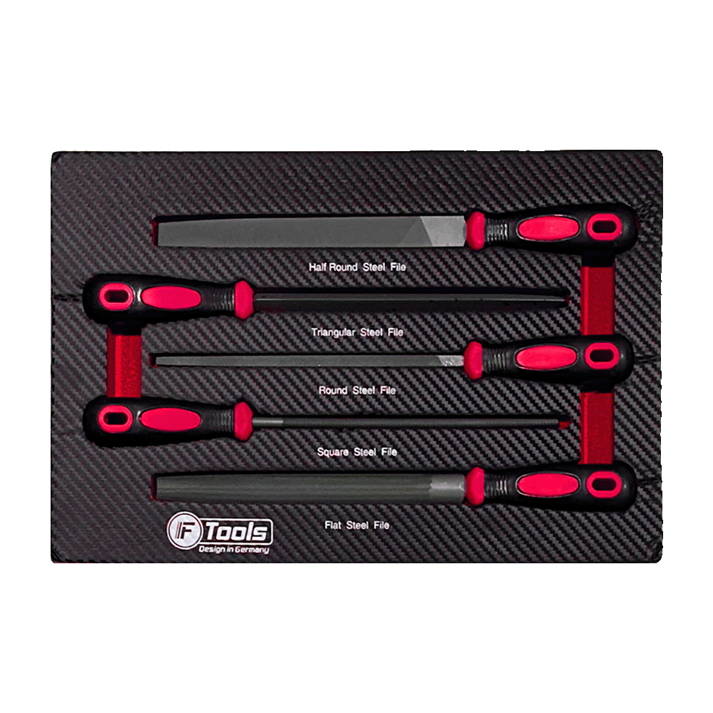 Professional workshop drawer insert containing five FTools steel files including flat square round half-round and triangular file shapes with red and black handles.