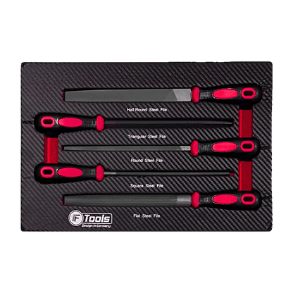 Professional workshop drawer insert containing five FTools steel files including flat square round half-round and triangular file shapes with red and black handles.