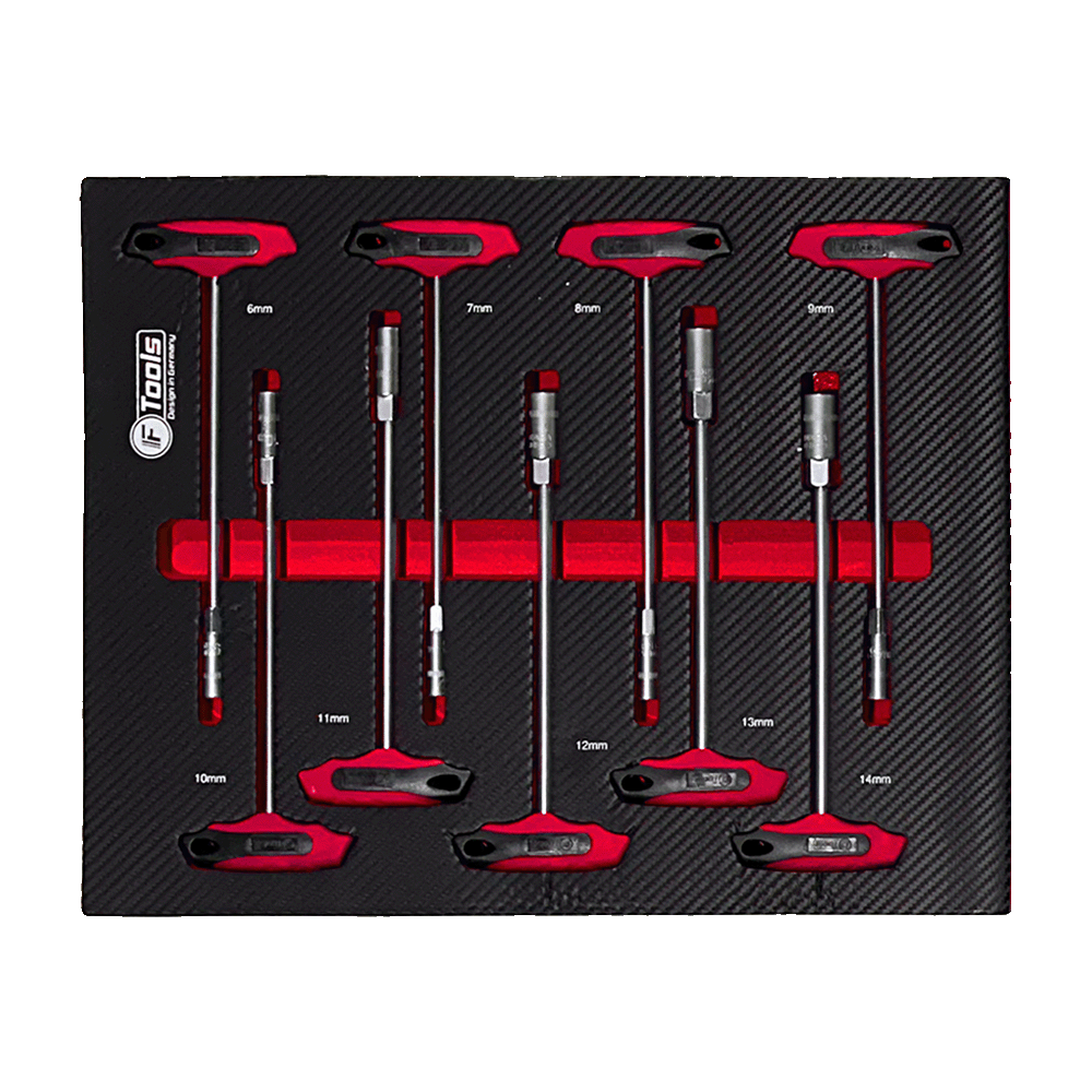 A set of nine FTools metric T-handle socket keys from 6 to 14 mm with red and black ergonomic grips in an EVA foam tray.