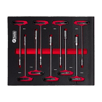 A set of nine FTools metric T-handle socket keys from 6 to 14 mm with red and black ergonomic grips in an EVA foam tray.