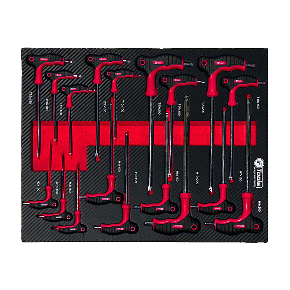Dual-color tool stabilization foam insert with FTools T-handle Torx and HEX keys in various lengths up to 200 mm.
