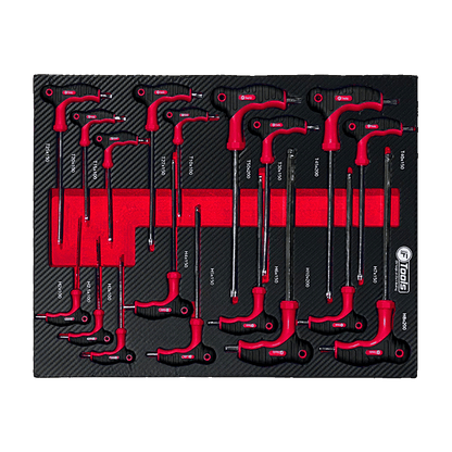 Dual-color tool stabilization foam insert with FTools T-handle Torx and HEX keys in various lengths up to 200 mm.