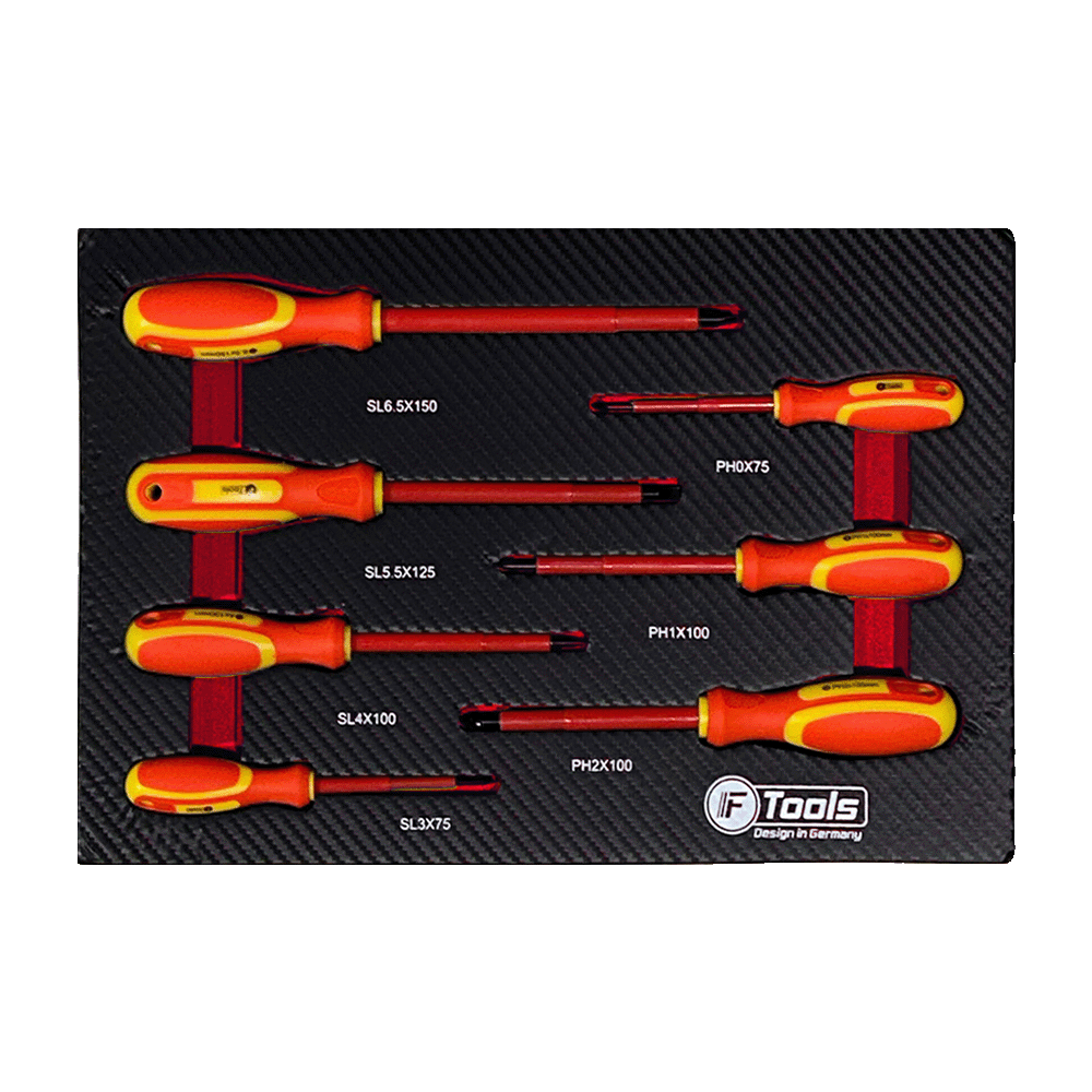 Seven pieces of FTools VDE 1000V insulated electrical screwdrivers with red and yellow handles arranged in an EVA foam tray.