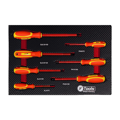 Seven pieces of FTools VDE 1000V insulated electrical screwdrivers with red and yellow handles arranged in an EVA foam tray.