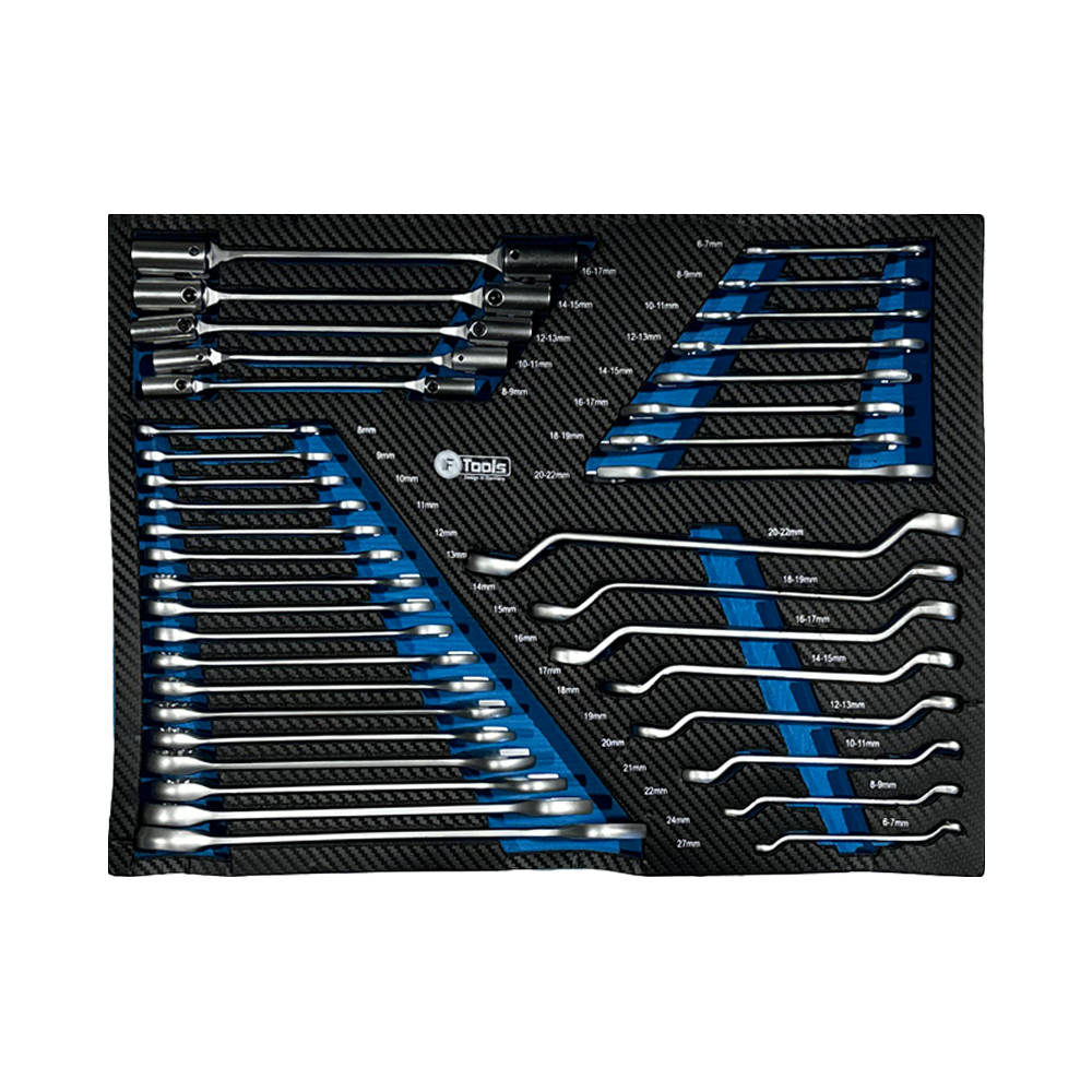 Complete set of FTools combination wrenches double-end wrenches and deep offset ring wrenches size-marked inside an EVA foam tray.