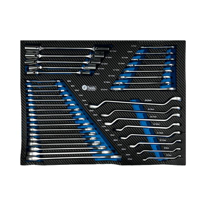 Complete set of FTools combination wrenches double-end wrenches and deep offset ring wrenches size-marked inside an EVA foam tray.