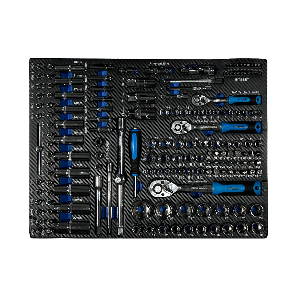 Three fine-tooth ratchets with metric short and deep sockets spark plug sockets extensions and universal joints arranged in a tool drawer tray.