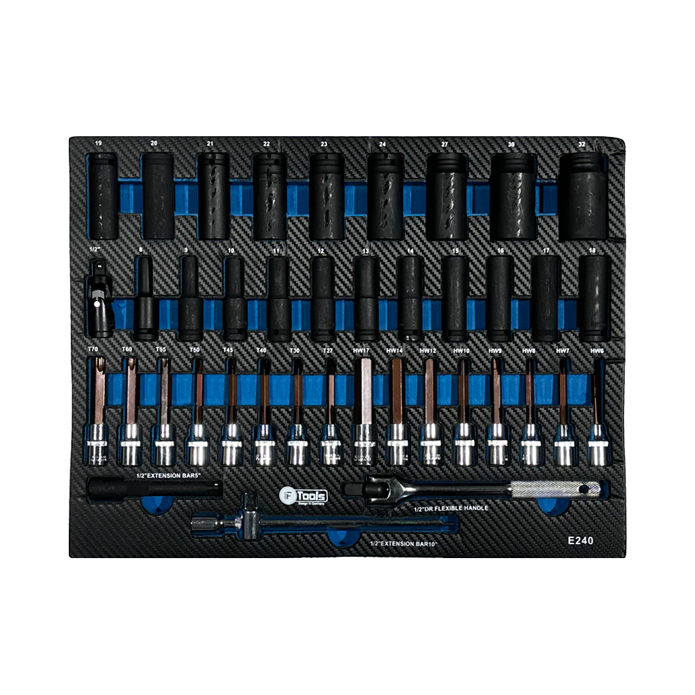 Professional 1/2 inch drive dark impact sockets bit-sockets and a flexible handle breaker bar neatly stored inside a tool cabinet drawer.
