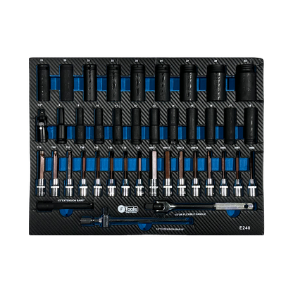 Professional 1/2 inch drive dark impact sockets bit-sockets and a flexible handle breaker bar neatly stored inside a tool cabinet drawer.