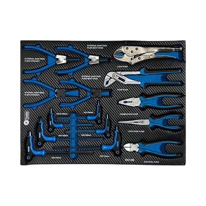 Workshop drawer insert containing FTools circlip pliers combination pliers side cutters locking pliers water pump plier and T-handle HEX keys.