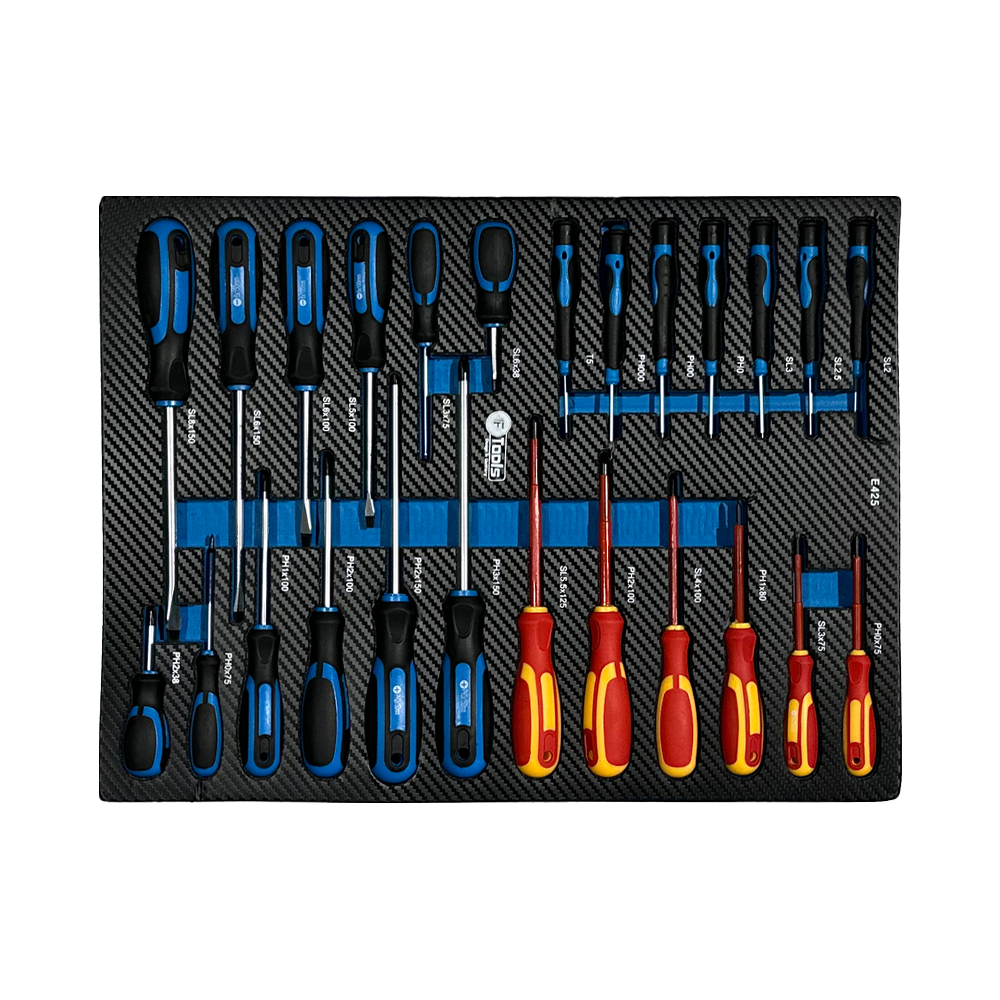 A collection of FTools precision screwdrivers standard PH and SL screwdrivers and red VDE isolated electrical screwdrivers in an EVA foam tray.