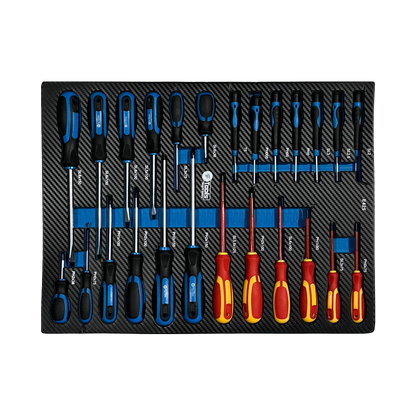 A collection of FTools precision screwdrivers standard PH and SL screwdrivers and red VDE isolated electrical screwdrivers in an EVA foam tray.