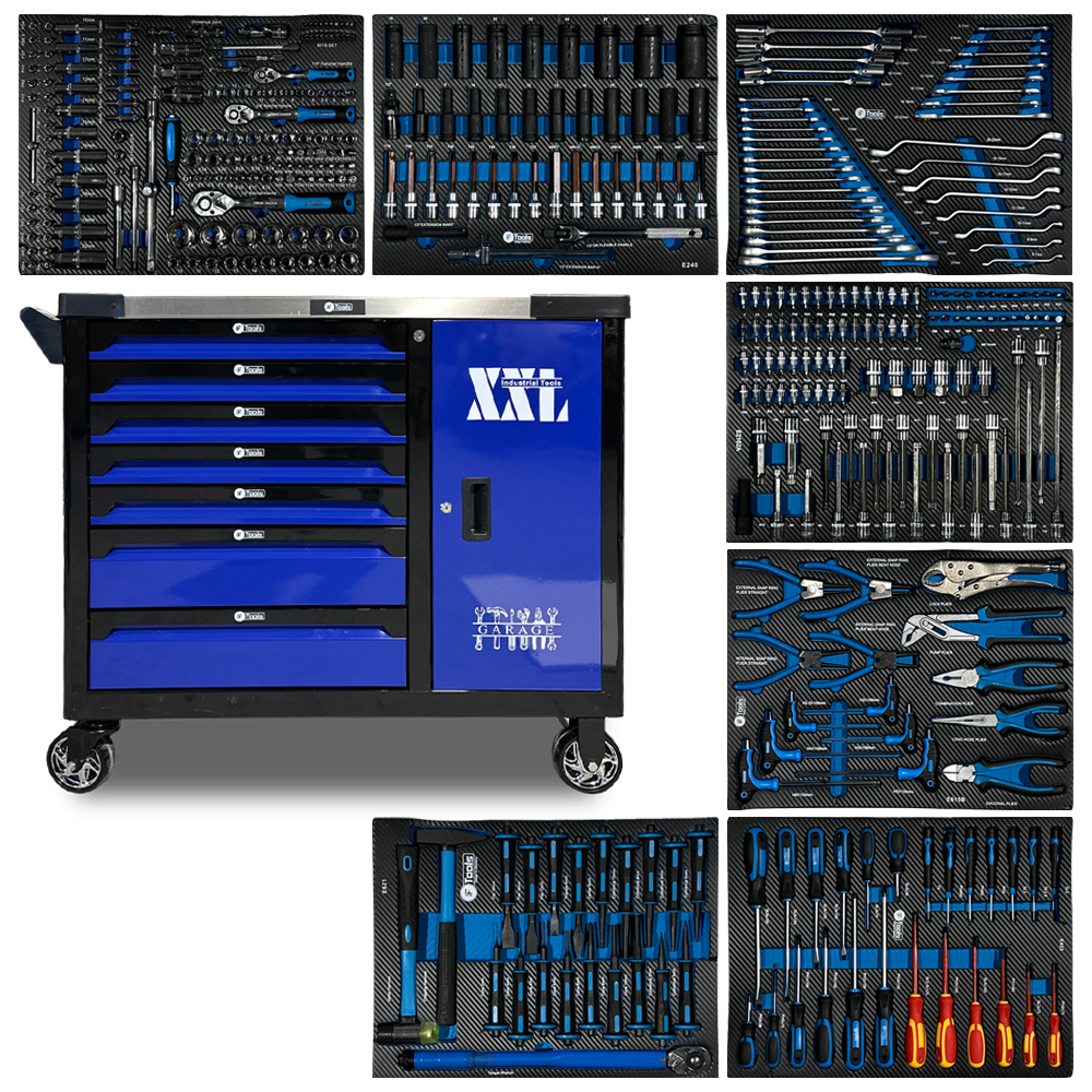 Blue and black FTools 7/7 PRO mobile workshop tool cabinet with seven fully equipped drawers shown alongside its full set of seven EVA foam tool inserts.