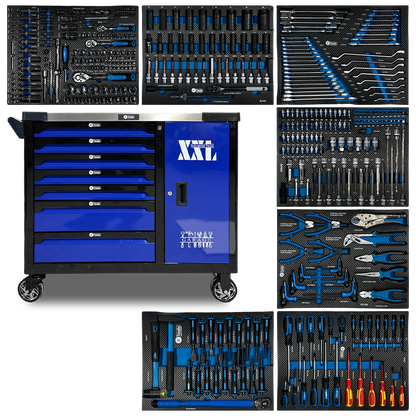 Blue and black FTools 7/7 PRO mobile workshop tool cabinet with seven fully equipped drawers shown alongside its full set of seven EVA foam tool inserts.