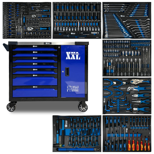 Blue and black FTools 7/7 PRO mobile workshop tool cabinet with seven fully equipped drawers shown alongside its full set of seven EVA foam tool inserts.