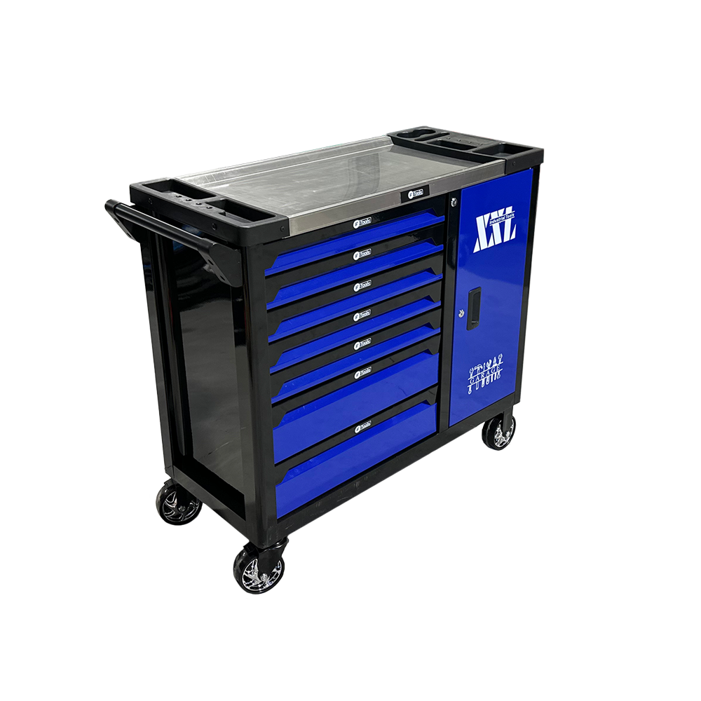 Three-quarter view of the blue FTools 7/7 PRO tool cabinet with printed dimensions of 50 cm width 110 cm length 86 cm height and 88 kg total weight.