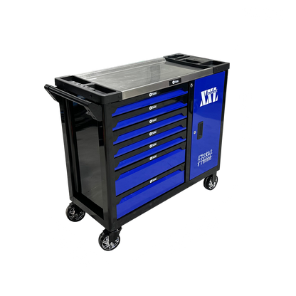 Three-quarter view of the blue FTools 7/7 PRO tool cabinet with printed dimensions of 50 cm width 110 cm length 86 cm height and 88 kg total weight.
