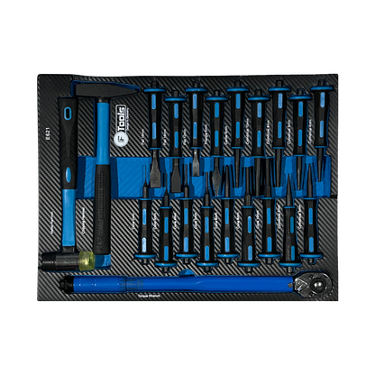 Professional tool cabinet tray with an FTools torque wrench mechanic hammers and a large set of multi-profile punches and chisels.