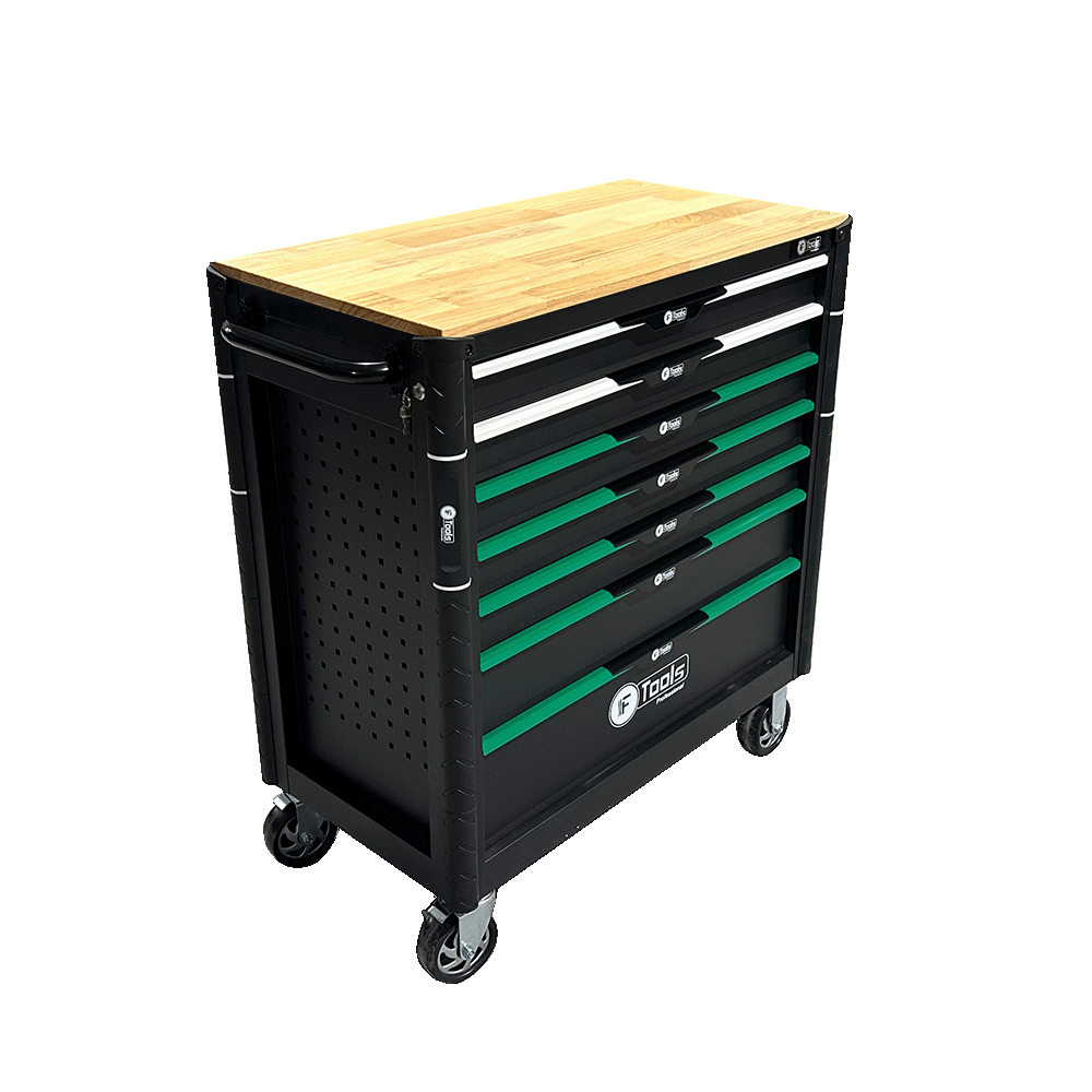 Three-quarter view of the black FTools FT1013 mobile tool cabinet featuring a durable solid wood worktop surface and green drawer handles.