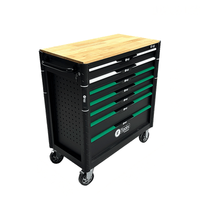 Three-quarter view of the black FTools FT1013 mobile tool cabinet featuring a durable solid wood worktop surface and green drawer handles.