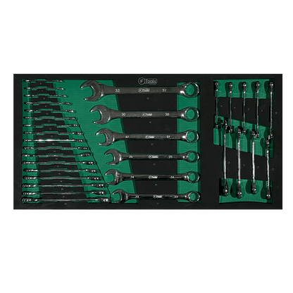 Full size range of FTools combination wrenches from 6 to 32 mm alongside a set of ratchet combination wrenches in a green EVA foam tray.