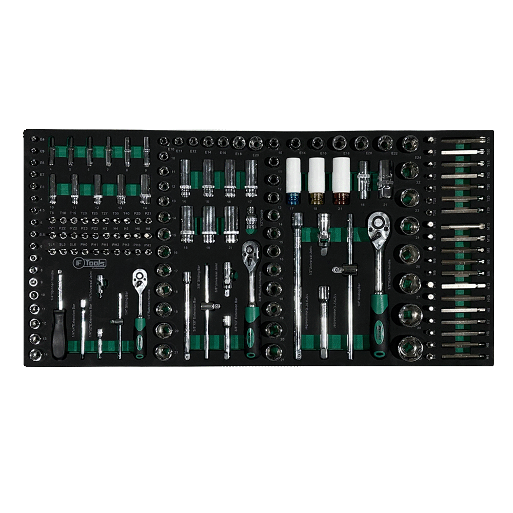Comprehensive metric socket set with three fine-tooth ratchets extensions spark plug sockets E-profile sockets and color-coded wheel sockets.