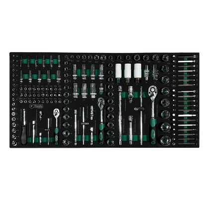 Comprehensive metric socket set with three fine-tooth ratchets extensions spark plug sockets E-profile sockets and color-coded wheel sockets.