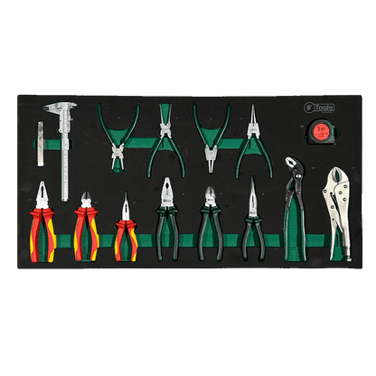 FTools tool tray with standard and circlip pliers locking pliers water pump plier red-yellow VDE isolated pliers vernier calipers and a tape measure.